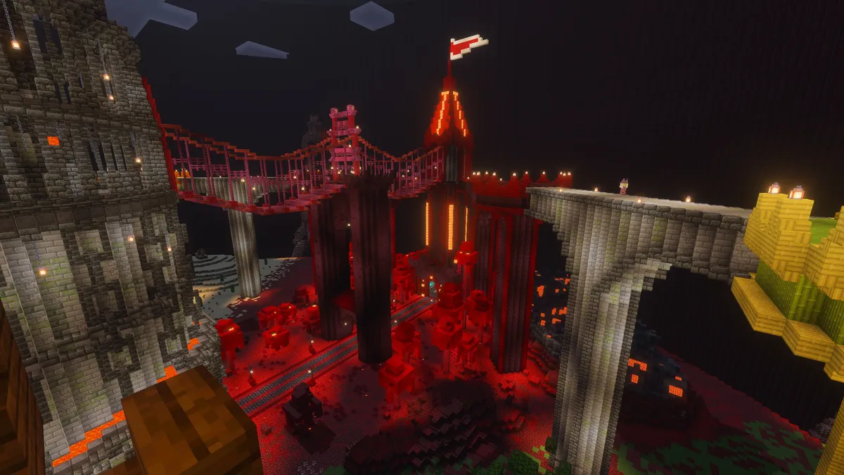 A Minecraft Capture the Flag map with a red nether castle, a flag on its tallest tower and stone bridges between the towers above a glowing red floor