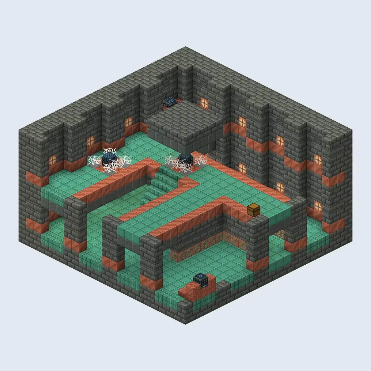 An isometric render of a Minecraft trial chamber room with tuff brick walls, copper floors and stairs, trial spawners with cobwebs around two of them, a chest on a raised ledge and glowing copper bulbs in the walls