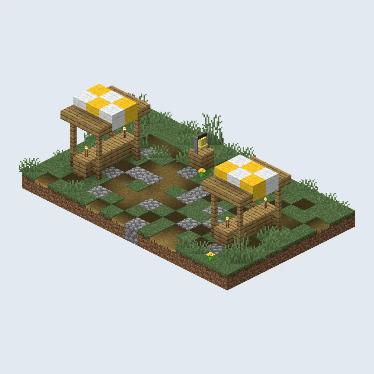 An isometric render of a Minecraft plains village meeting point with a bell on a wooden block, two market stalls with yellow and white wool roofs, torches and a cobblestone and dirt path through the grass