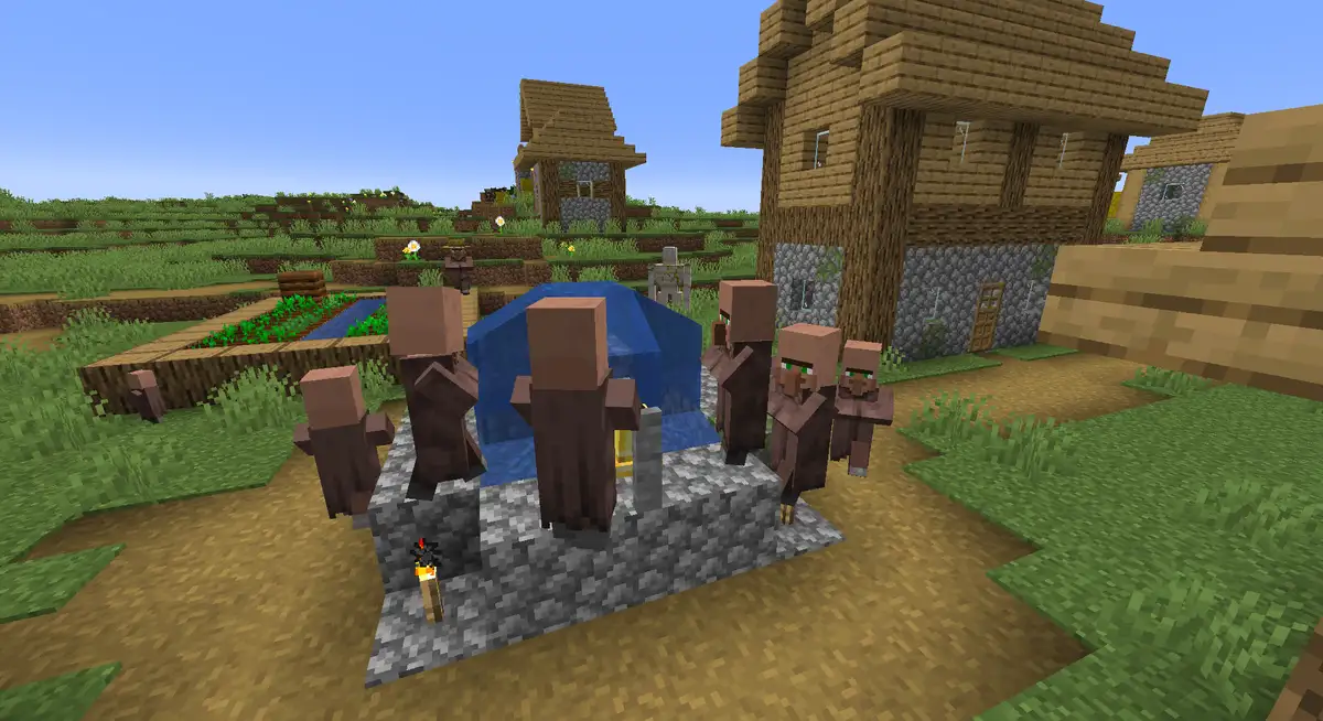 A crowd of villagers packed together on a cobblestone meeting point in a plains village, next to a water fountain, with oak houses, a farm and an iron golem behind them