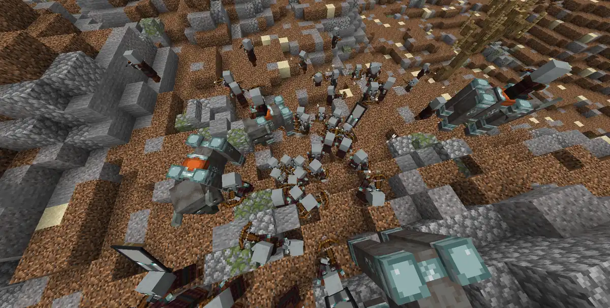 A huge crowd of pillagers and ravagers swarming over a rocky slope of stone and coarse dirt during a raid, seen from above
