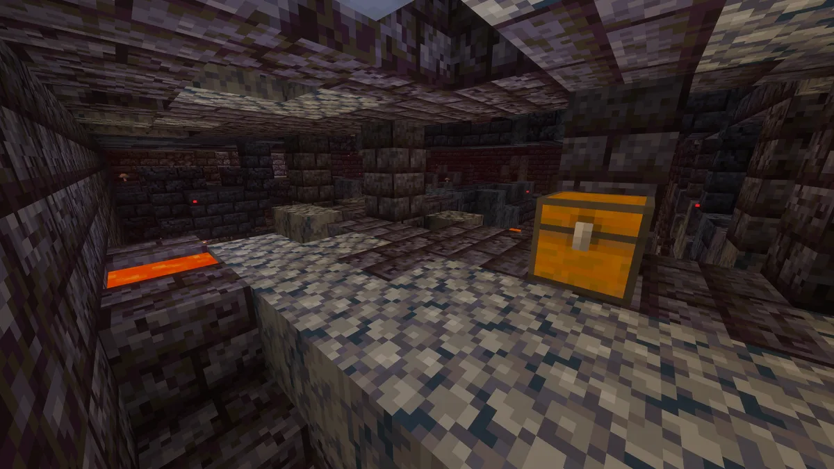 A chest standing on a ledge of blackstone inside a dark bastion, with lava glowing below and broken walls around it