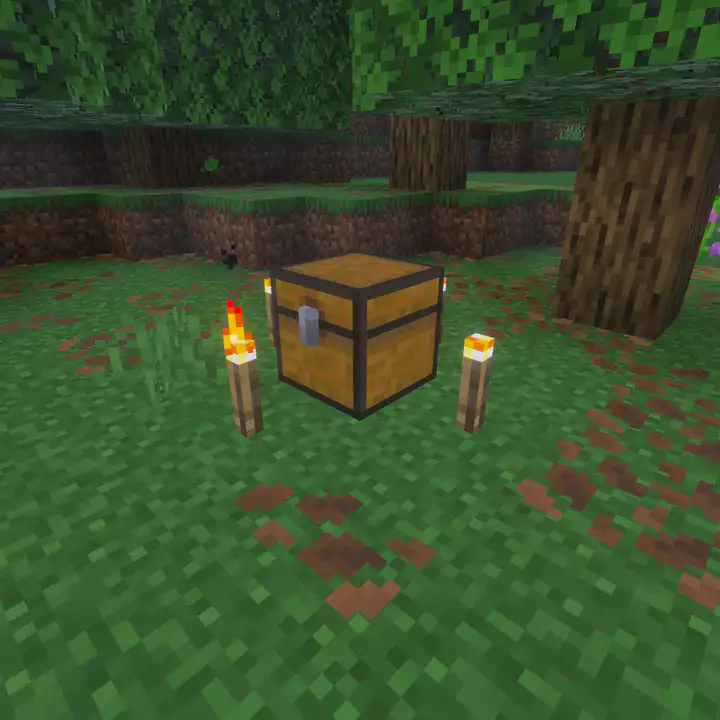 A single chest on the forest floor between two torches, with oak trees, grass and purple flowers around it
