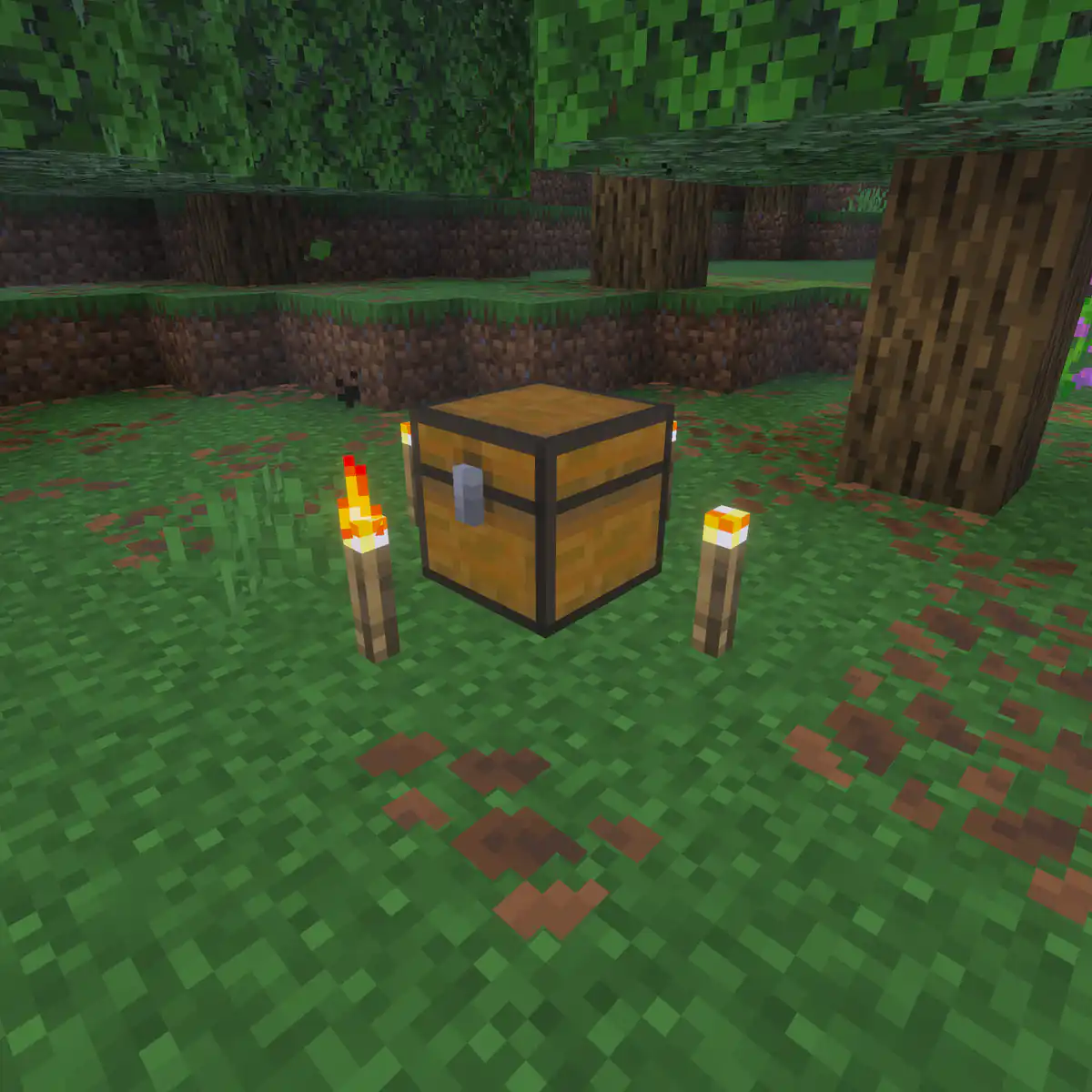 A single chest on the forest floor between two torches, with oak trees, grass and purple flowers around it