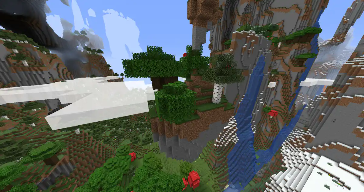 A floating piece of land with oak and birch trees hanging in the air between tall stone cliffs, with a waterfall on the right and forest far below