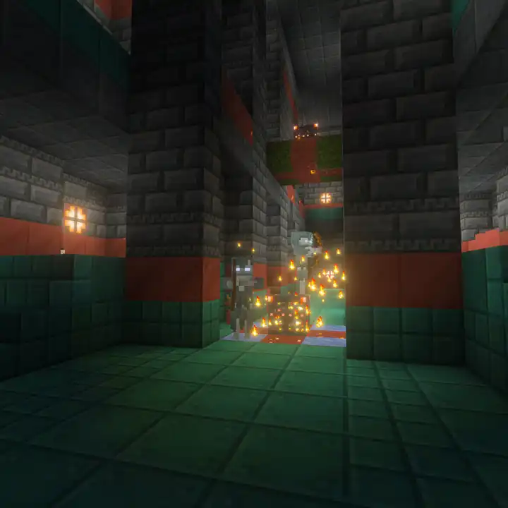 A corridor of tuff bricks and copper between thick pillars, with teal floor tiles, stairs on both sides and two mobs beside a spawner glowing with small flames at the far end