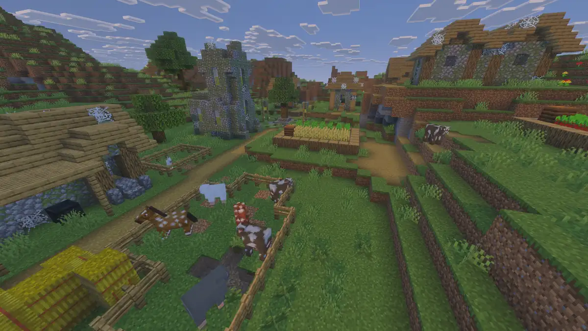 An abandoned village with cobwebs on the roofs, a crumbling cobblestone tower, empty fields and horses and cows still standing in their pens