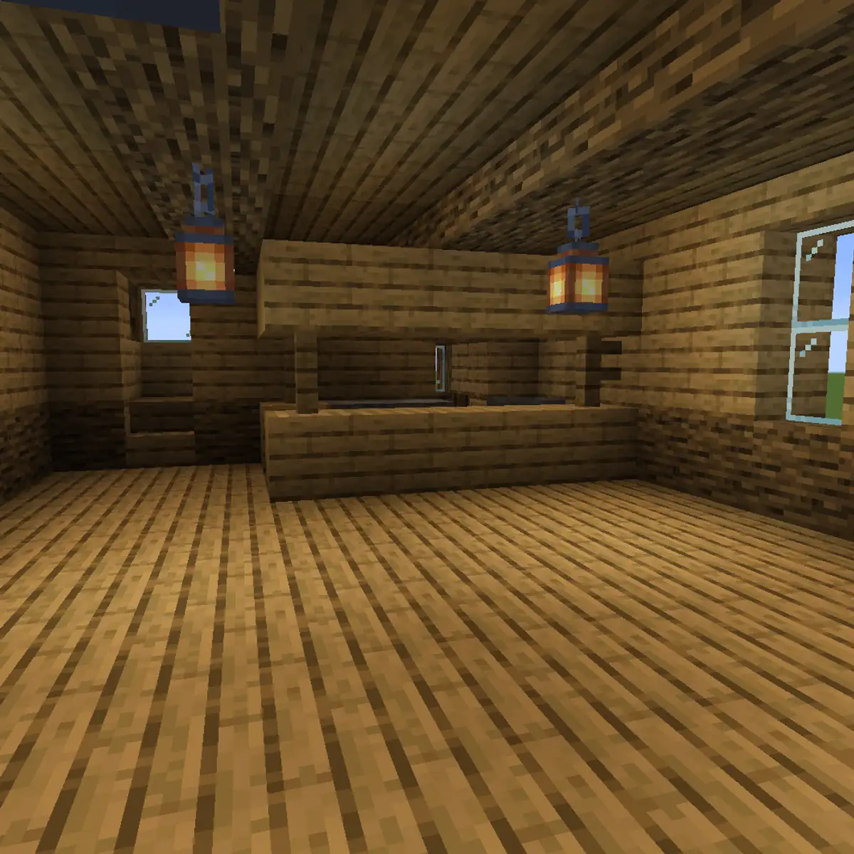 The inside of an empty wooden tavern with oak plank walls and floor, two lanterns hanging from the ceiling, a bar counter at the back and daylight coming through the windows