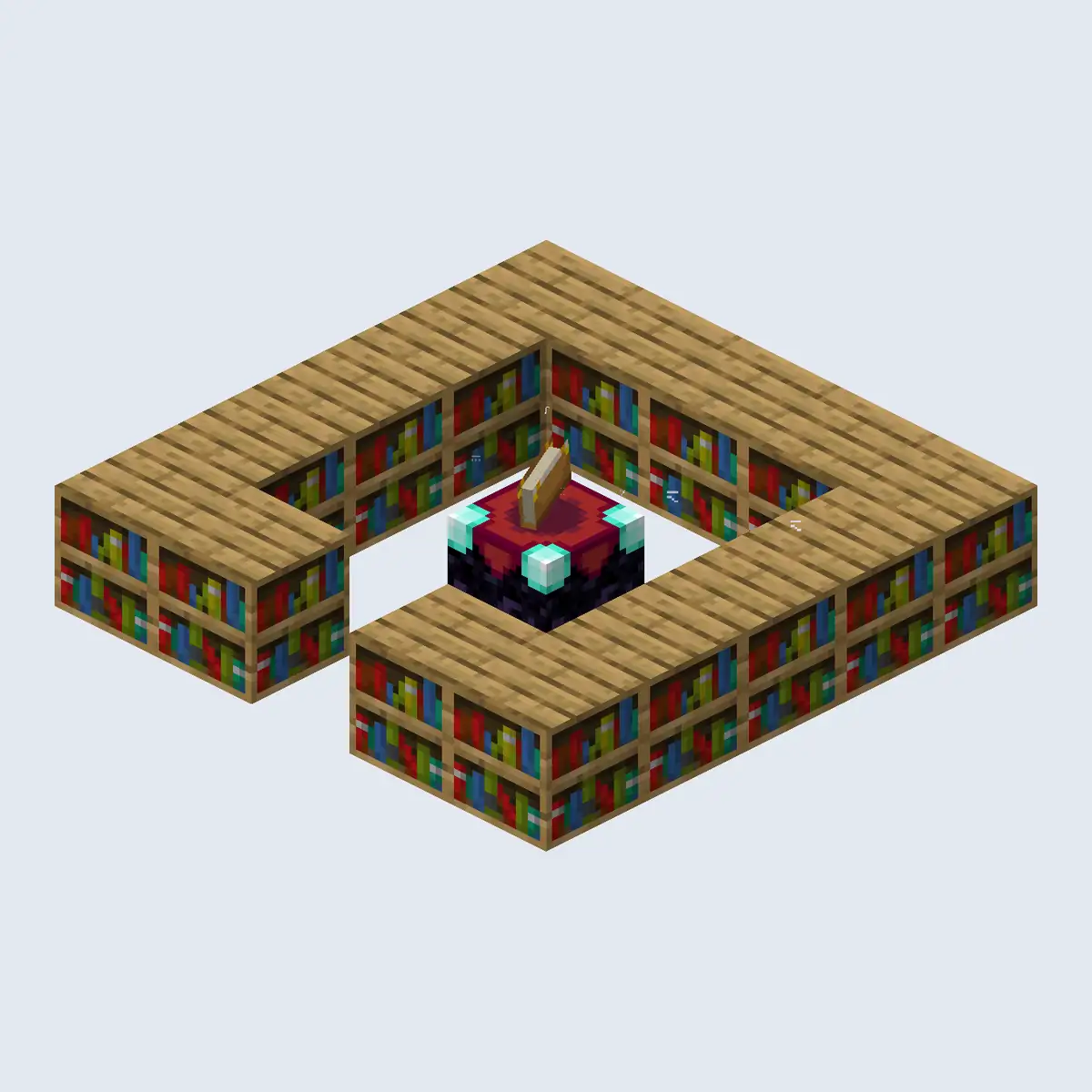 A render of an enchanting table with an open book on top, inside a two block high ring of bookshelves with an opening at the front