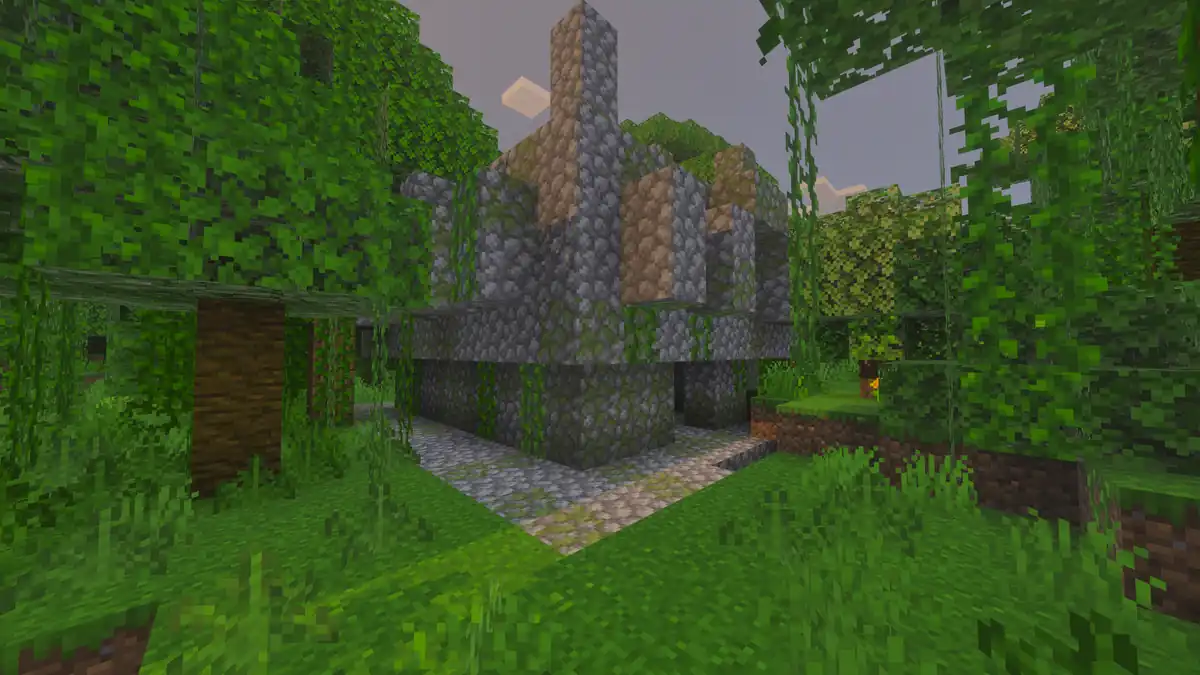 A mossy cobblestone jungle temple half hidden between jungle trees, leaves and vines, with a stone path leading up to the entrance