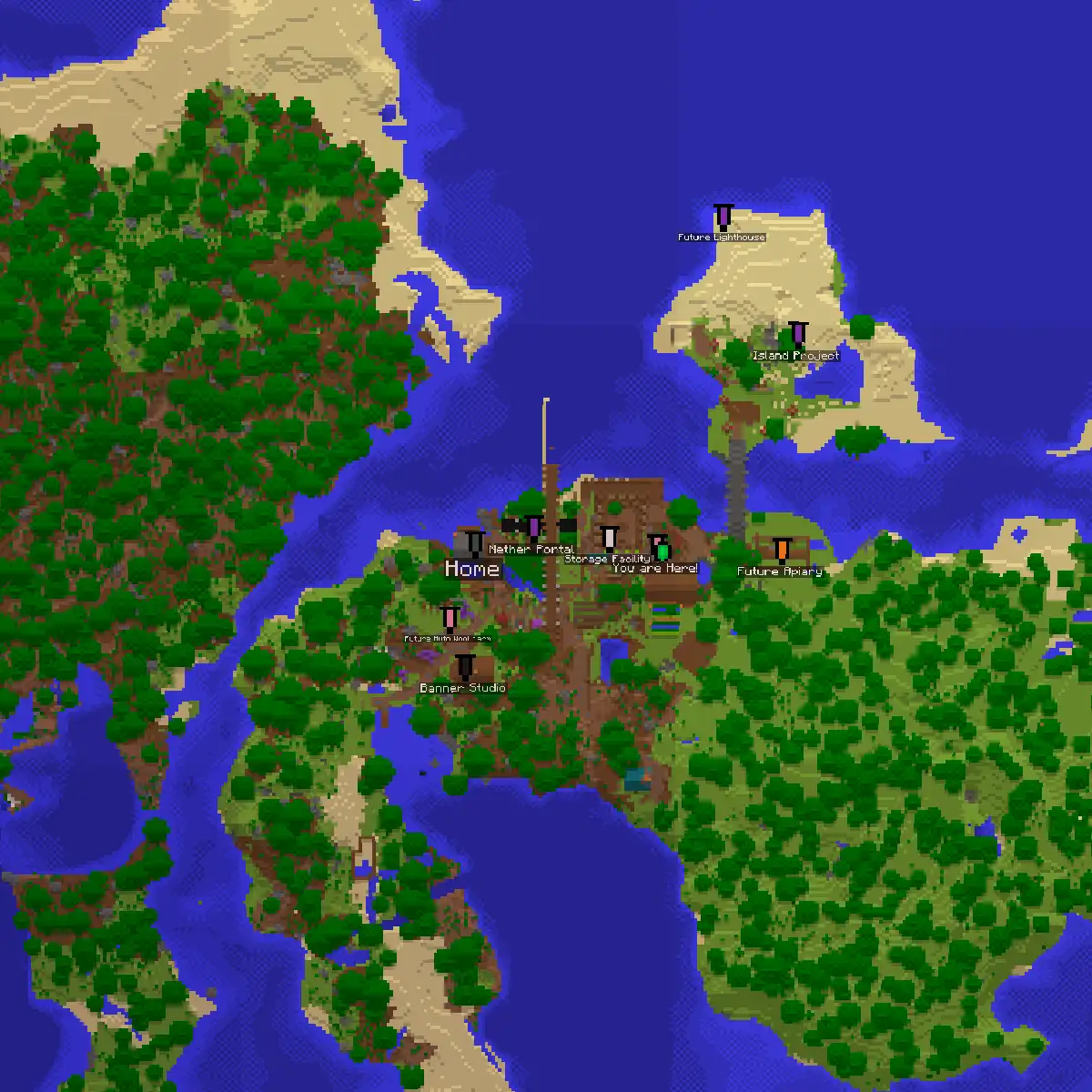 A Minecraft map of forests, sandy beaches and blue sea around a small town, with named banner markers such as Home, Nether Portal, You are Here!, Island Project and Future Lighthouse