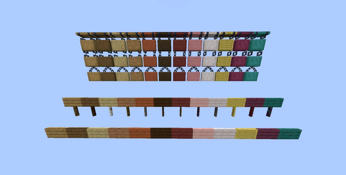 Hanging signs, standing signs and wall signs in twelve wood types lined up in rows, from oak and spruce to cherry, bamboo, crimson and warped, on a light blue background