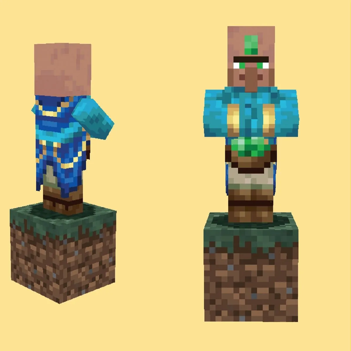 Concept art of a wandering trader in a blue robe with gold trim and an emerald on its head, shown from the back and from the front holding an emerald, each standing on a grass block against a pale yellow background