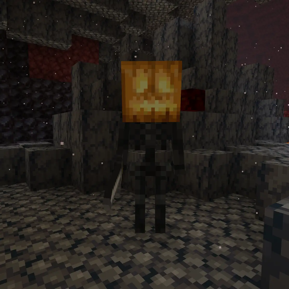 A wither skeleton with a glowing jack o'lantern on its head and a stone sword in its hand, standing on blackstone in the Nether with red netherrack behind it