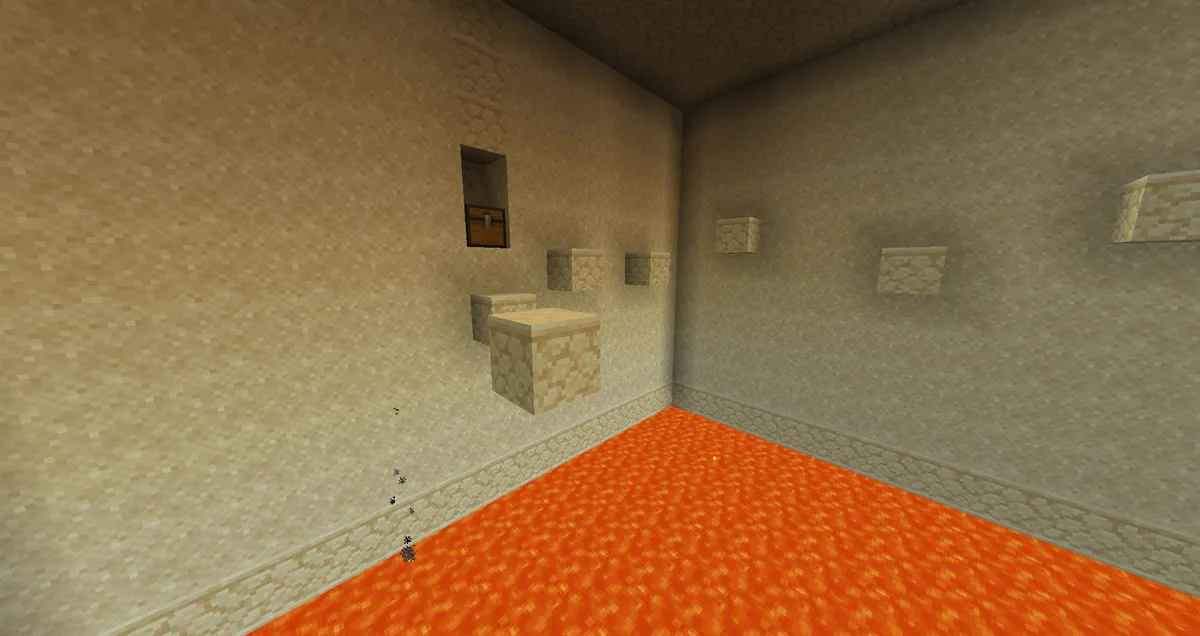 A parkour room built from sandstone in Minecraft, with single blocks sticking out of the walls above a floor of lava and a chest in a nook high on the wall