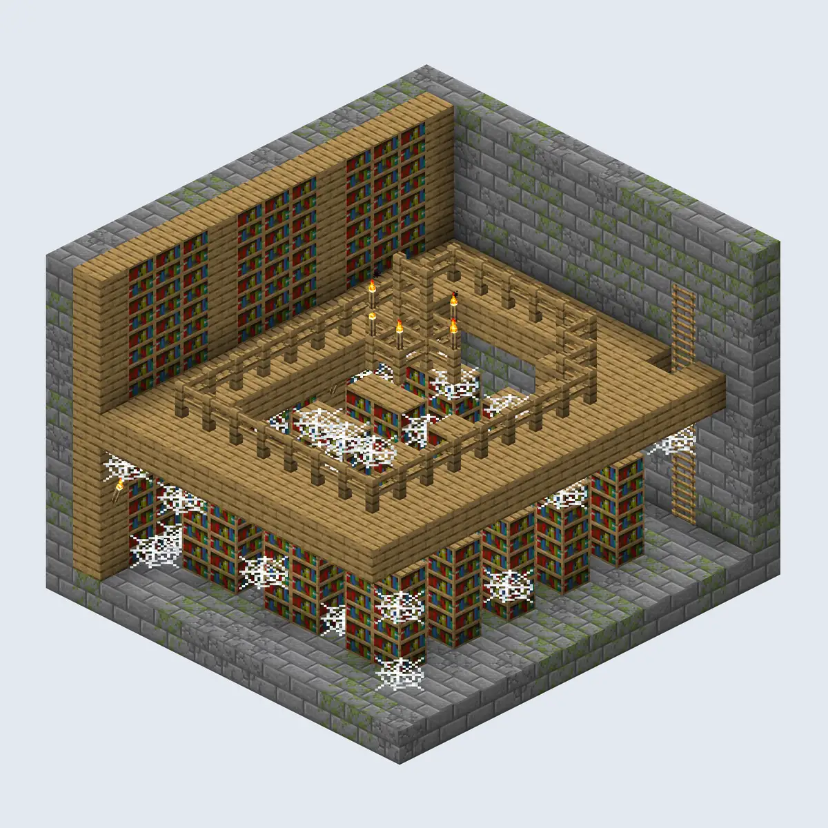 A cutaway render of a Minecraft stronghold library with two floors of bookshelves, an oak balcony with fences and torches, cobwebs between the shelves and a ladder against the stone brick wall