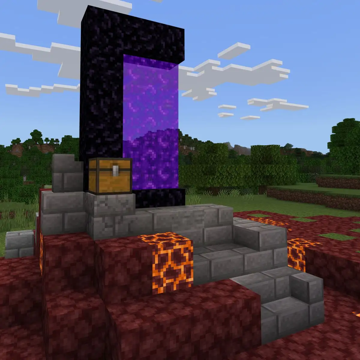 A lit nether portal with only half of its obsidian frame built, glowing purple, on stone brick steps over netherrack and magma blocks with a chest beside it, in front of a forest under a blue sky