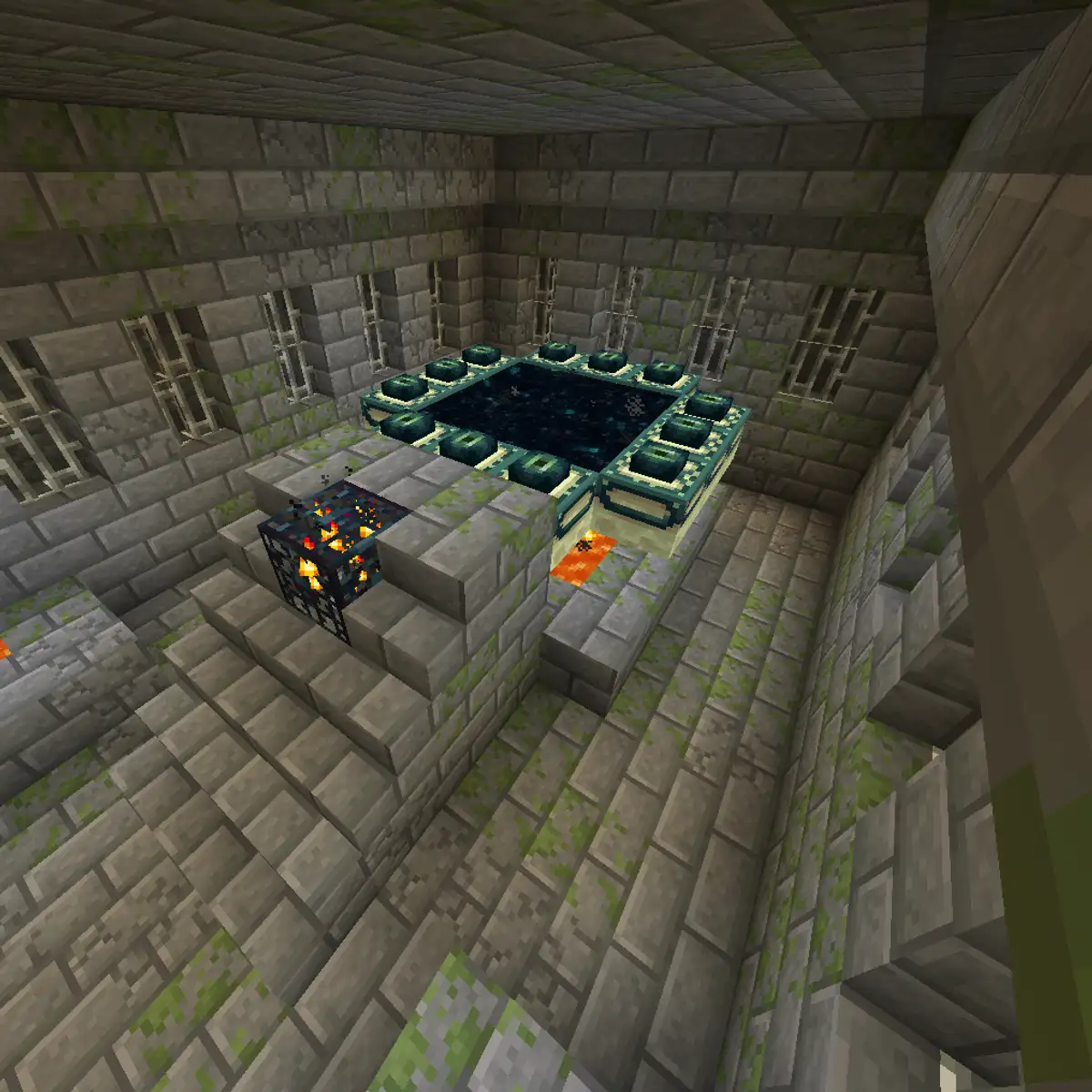 A stronghold portal room in Minecraft with a fully activated end portal on a raised platform, a monster spawner on the stairs in front of it, iron bars in the mossy stone brick walls and lava below