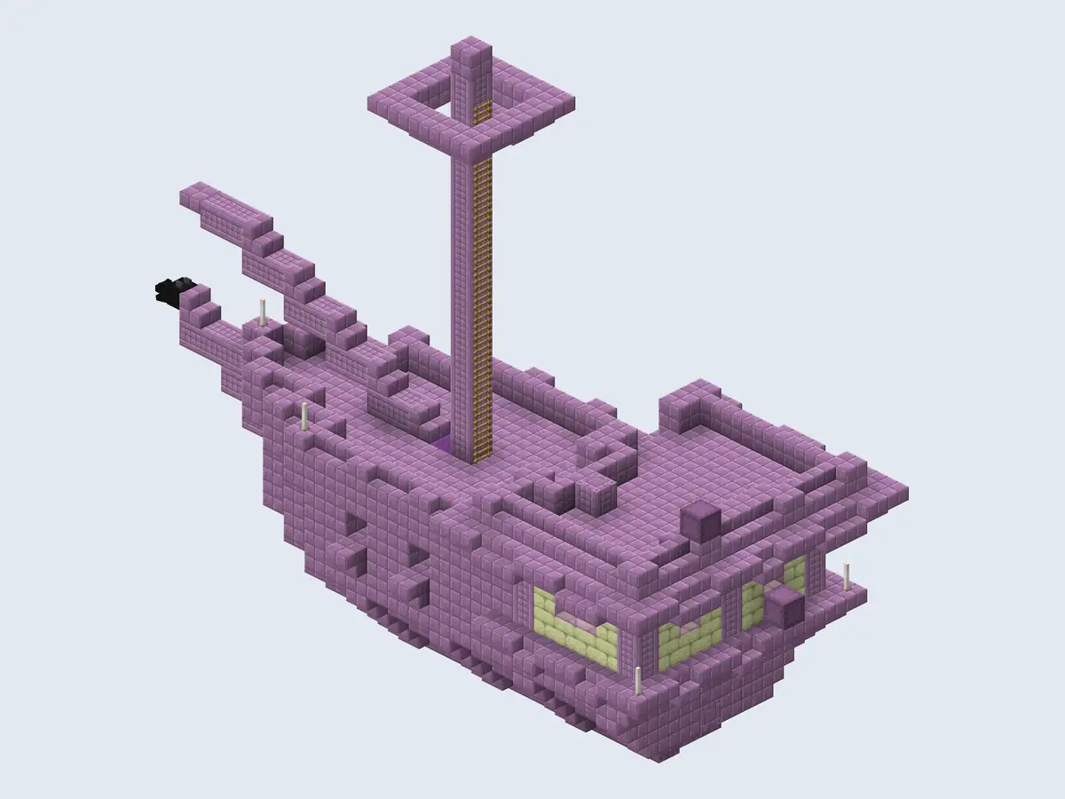 A purple ship built from purpur blocks with a tall mast and a ladder, pale yellow end stone brick windows and a small black dragon head on its bow, shown on its own against a light grey background