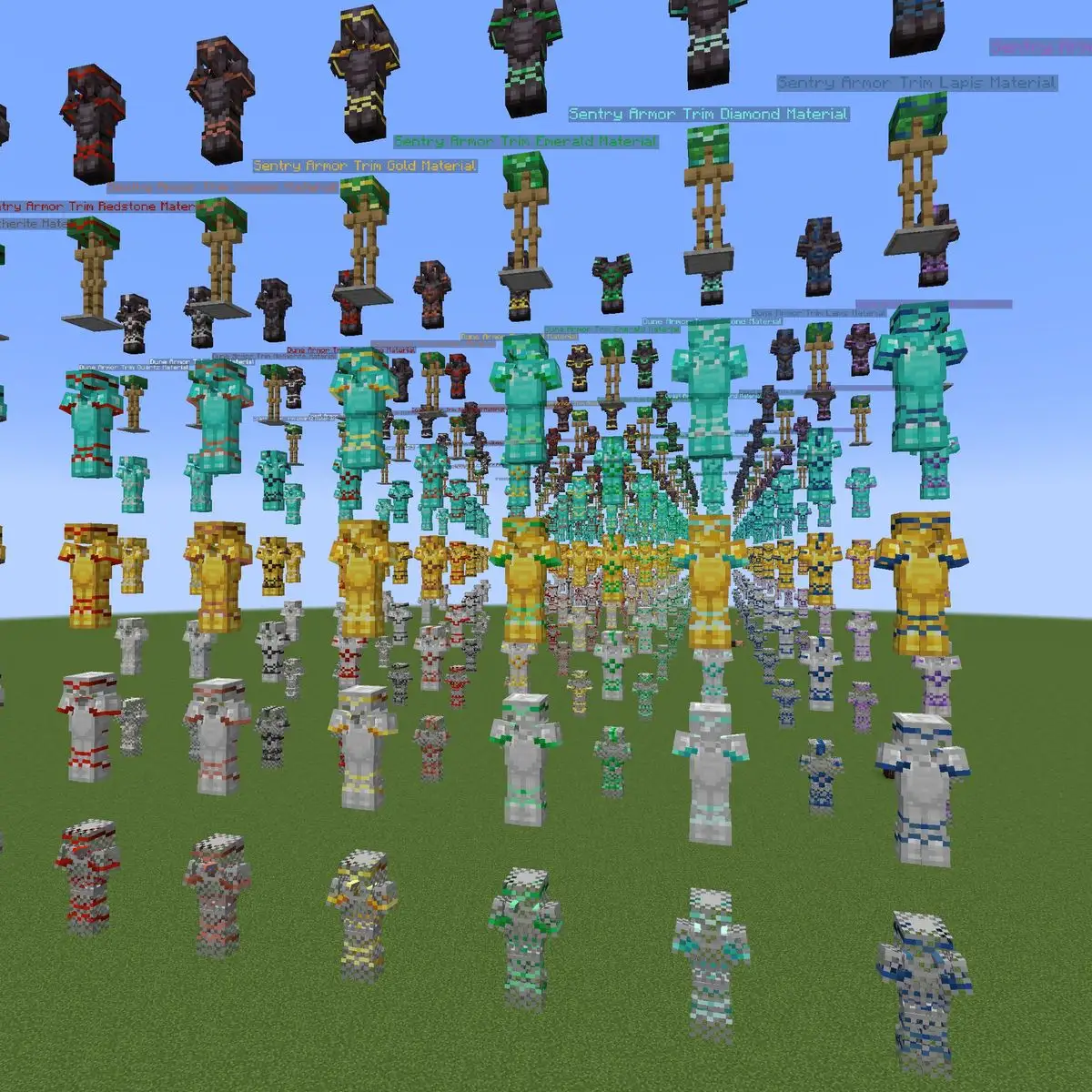 Rows of armor stands in Minecraft wearing netherite, diamond, gold, iron and chainmail armor, each set with an armor trim in a different material colour, and name labels floating above the top row