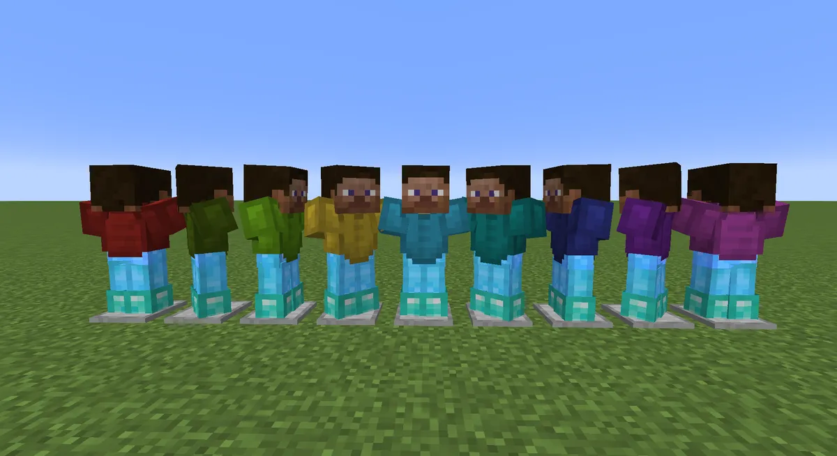 Nine armor stands with player heads on a grass field, wearing leather tunics dyed red, green, lime, yellow, light blue, cyan, blue, purple and magenta over diamond leggings and boots