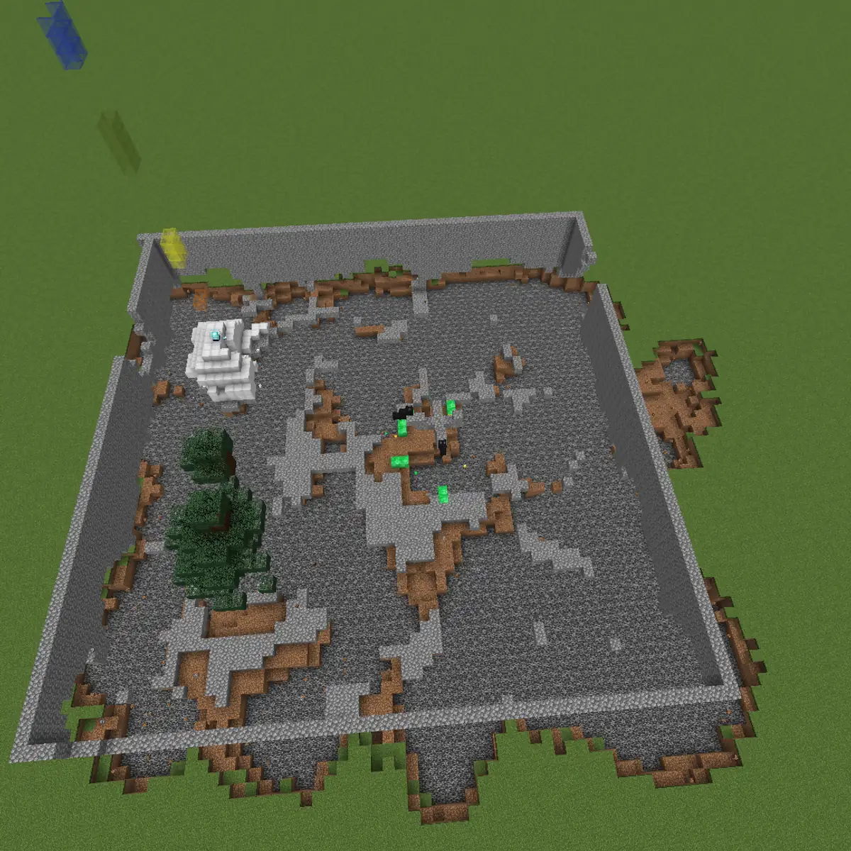 A griefed Minecraft base seen from above: a walled stone floor dug up in patches down to the dirt, with a few spruce trees left inside
