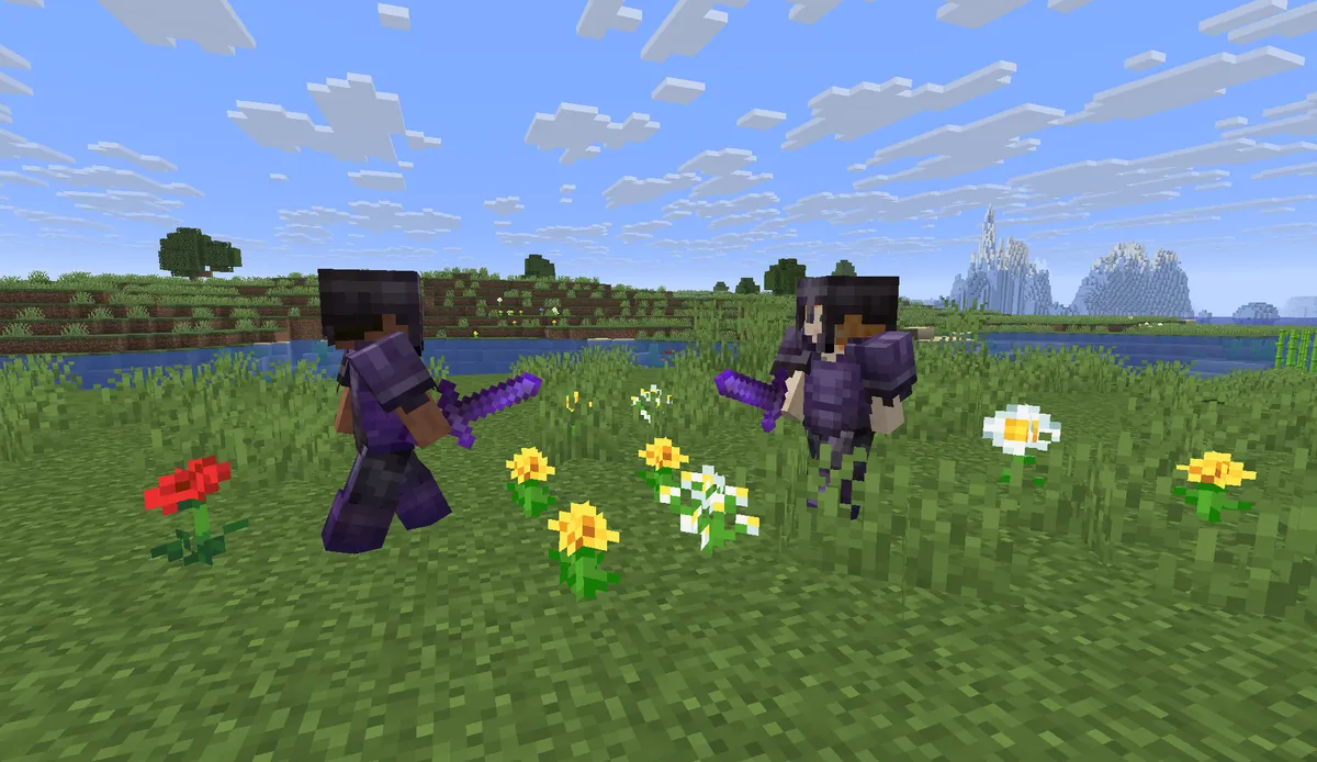 Two Minecraft players in enchanted netherite armour fighting with netherite swords in a meadow full of flowers