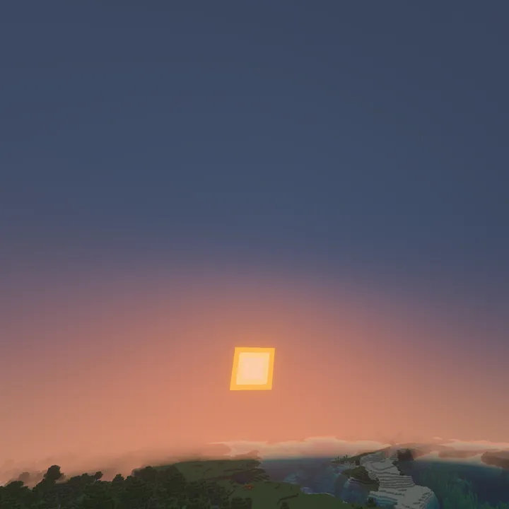 A Minecraft sunrise seen from high above the world, the square sun low in a hazy pink and orange glow that fades into a dark blue sky, with a forest, a stretch of sea and pale stone hills below