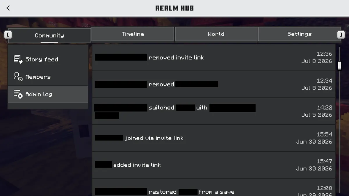 The Admin log tab in the Minecraft Bedrock Realm hub listing actions such as removed invite link, joined via invite link and restored from a save, each with a date and time and the player names blacked out
