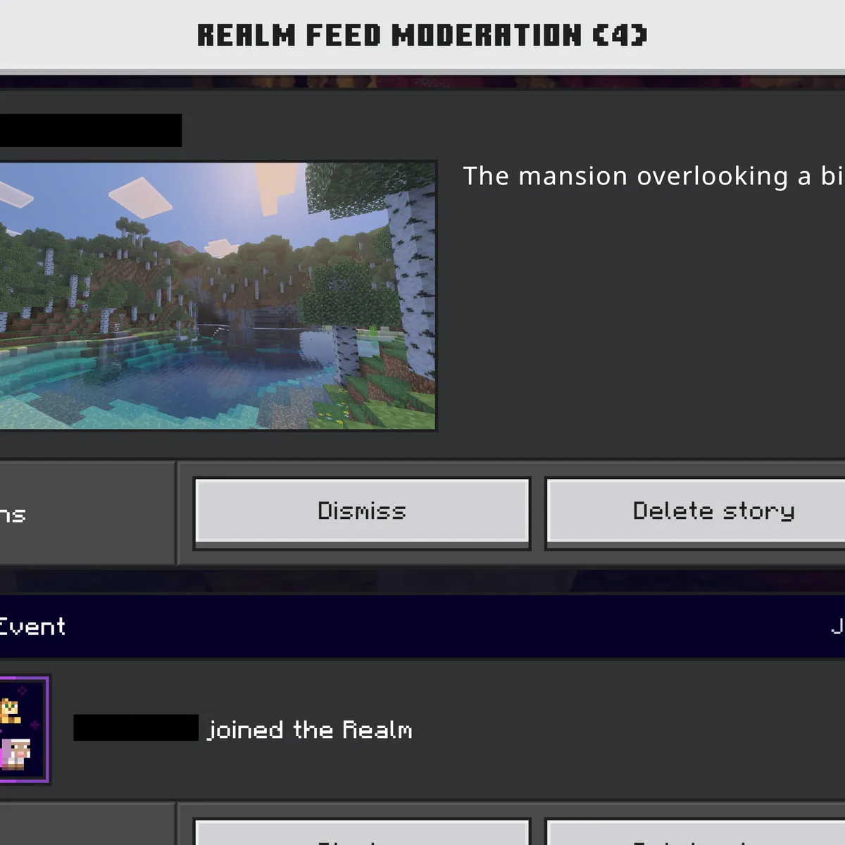 The Realm Feed Moderation screen in Minecraft Bedrock Edition with a reported post showing a birch lake and Dismiss and Delete story buttons, player names blacked out