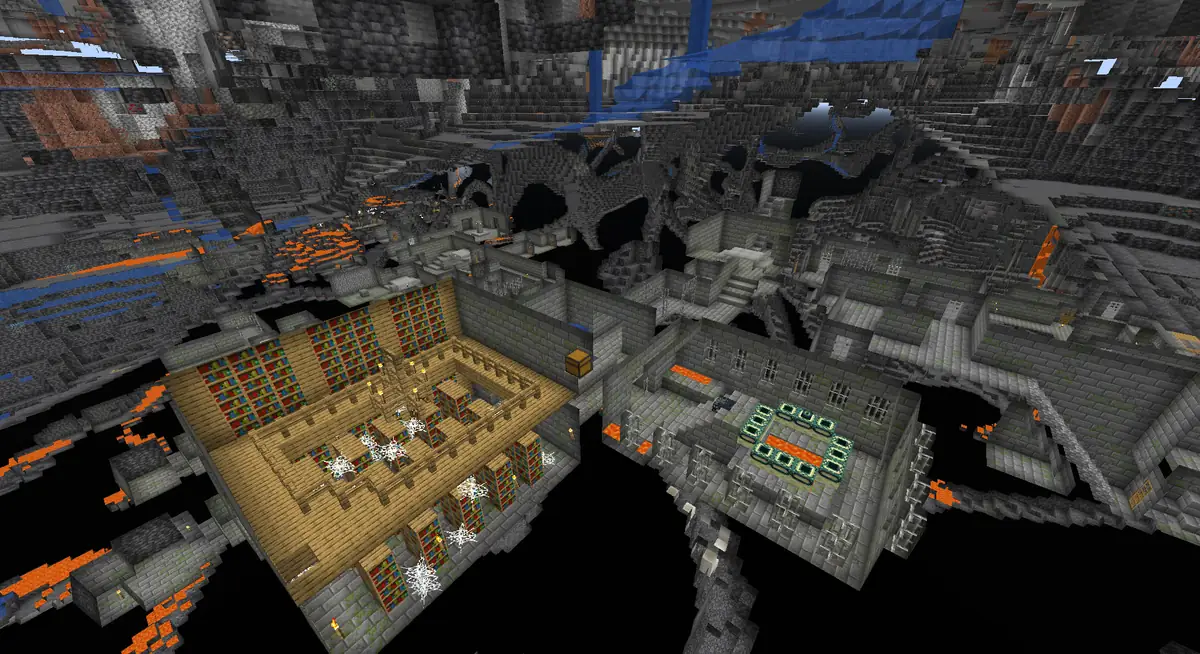 A Minecraft stronghold seen from above in spectator mode, with the library, the corridors and the end portal room visible through the surrounding stone and lava