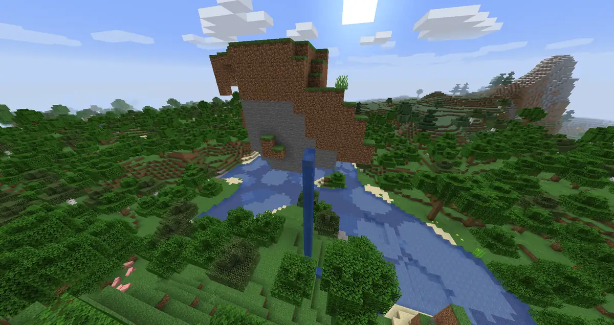 A floating chunk of dirt and stone hanging in the sky above a lake and a thick forest, with a thin waterfall pouring from its underside into the water below