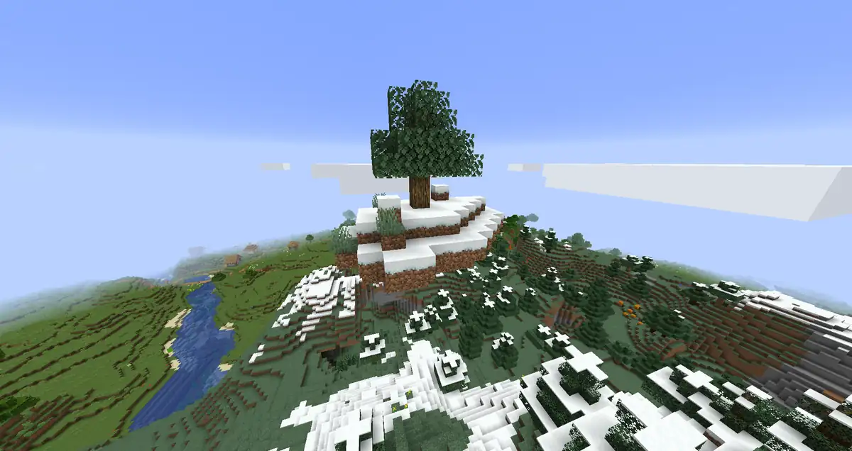 A small round island of snowy grass with one tree floating high above a snowy forest, a winding river and green plains far below