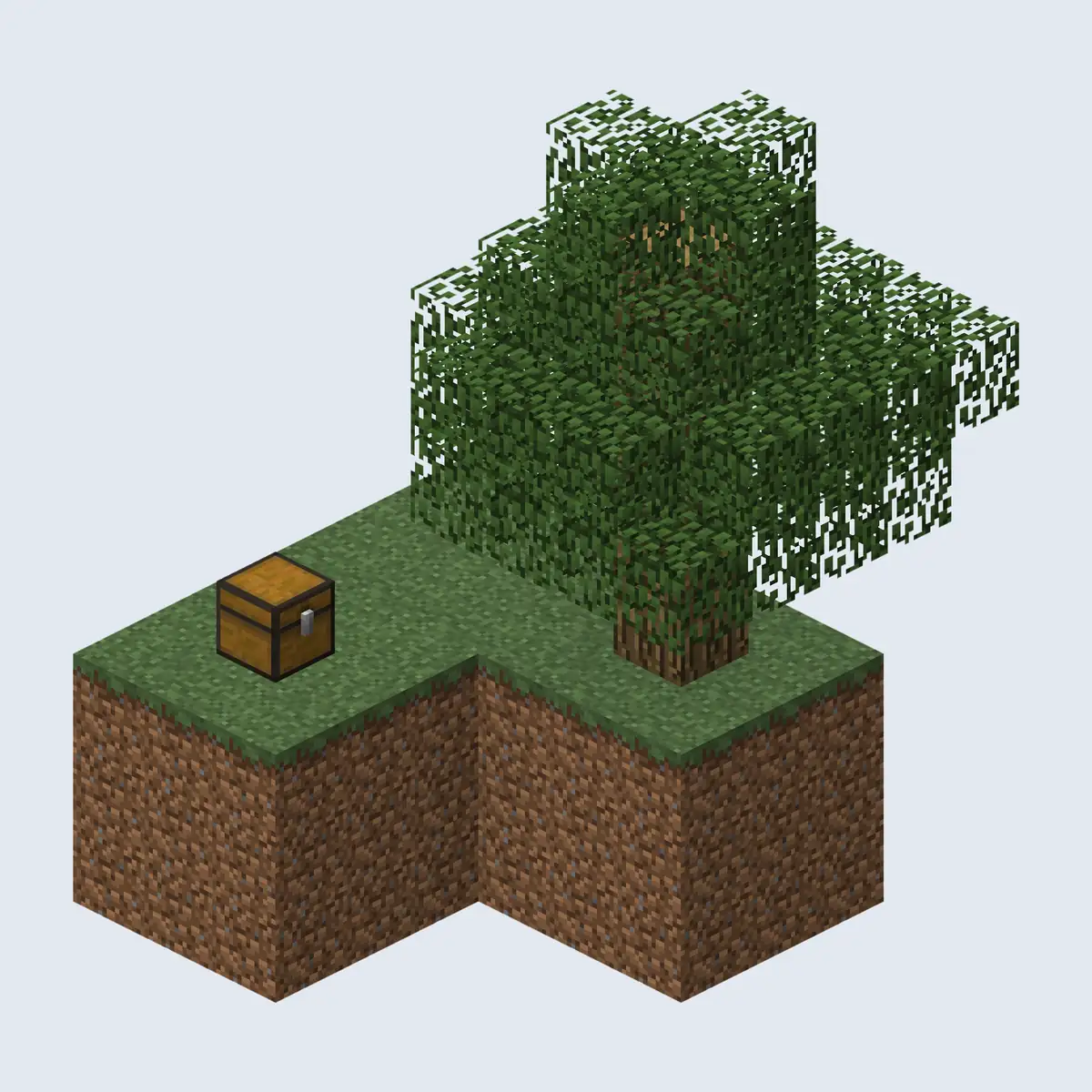 A small L shaped island of grass and dirt blocks with a single oak tree and a wooden chest, shown on its own against a light grey background