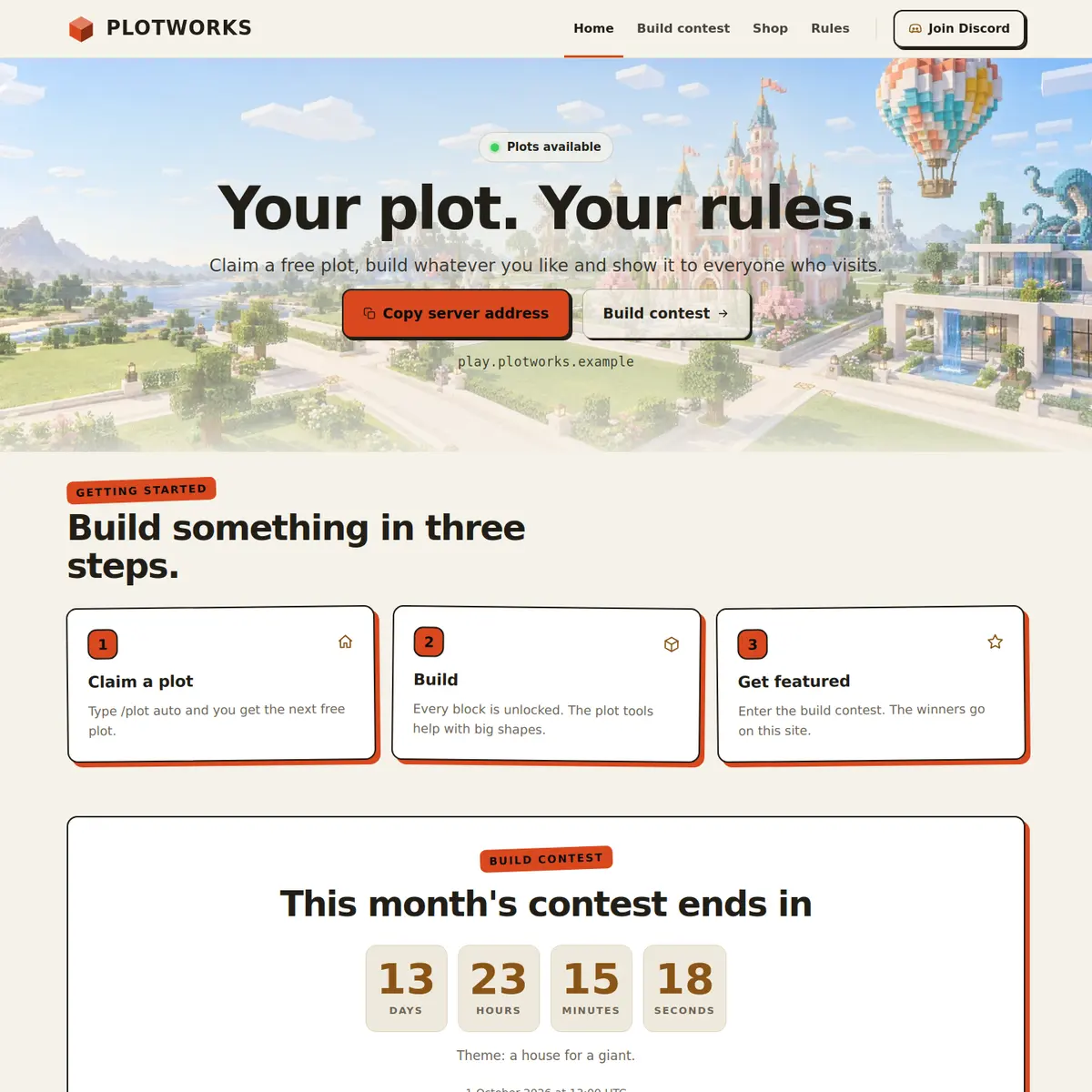 The top of the Creative Minecraft server website template: a light page over a creative world with a castle and a hot air balloon, the heading Your plot. Your rules., buttons for Copy server address and Build contest, three steps and a contest countdown