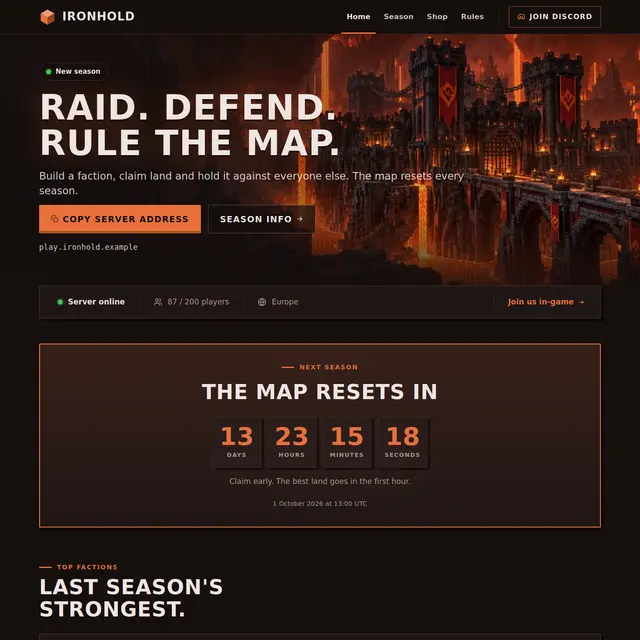 The top of the Factions Minecraft server website template: a Nether fortress over lava, the heading Raid. Defend. Rule the map., buttons for Copy server address and Season info, a server status bar and a countdown reading The map resets in