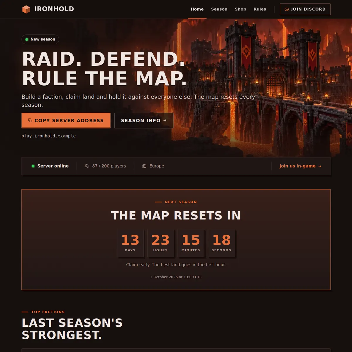 The top of the Factions Minecraft server website template: a Nether fortress over lava, the heading Raid. Defend. Rule the map., buttons for Copy server address and Season info, a server status bar and a countdown reading The map resets in