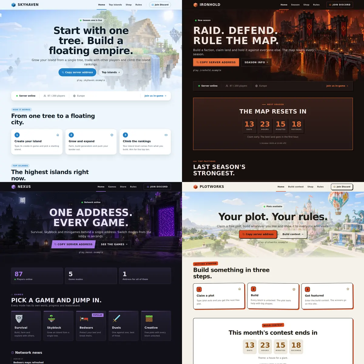 Four Minecraft server website templates side by side: the light Skyblock template, the dark Factions template with a Nether fortress, the Network template with a purple portal and the light Creative template