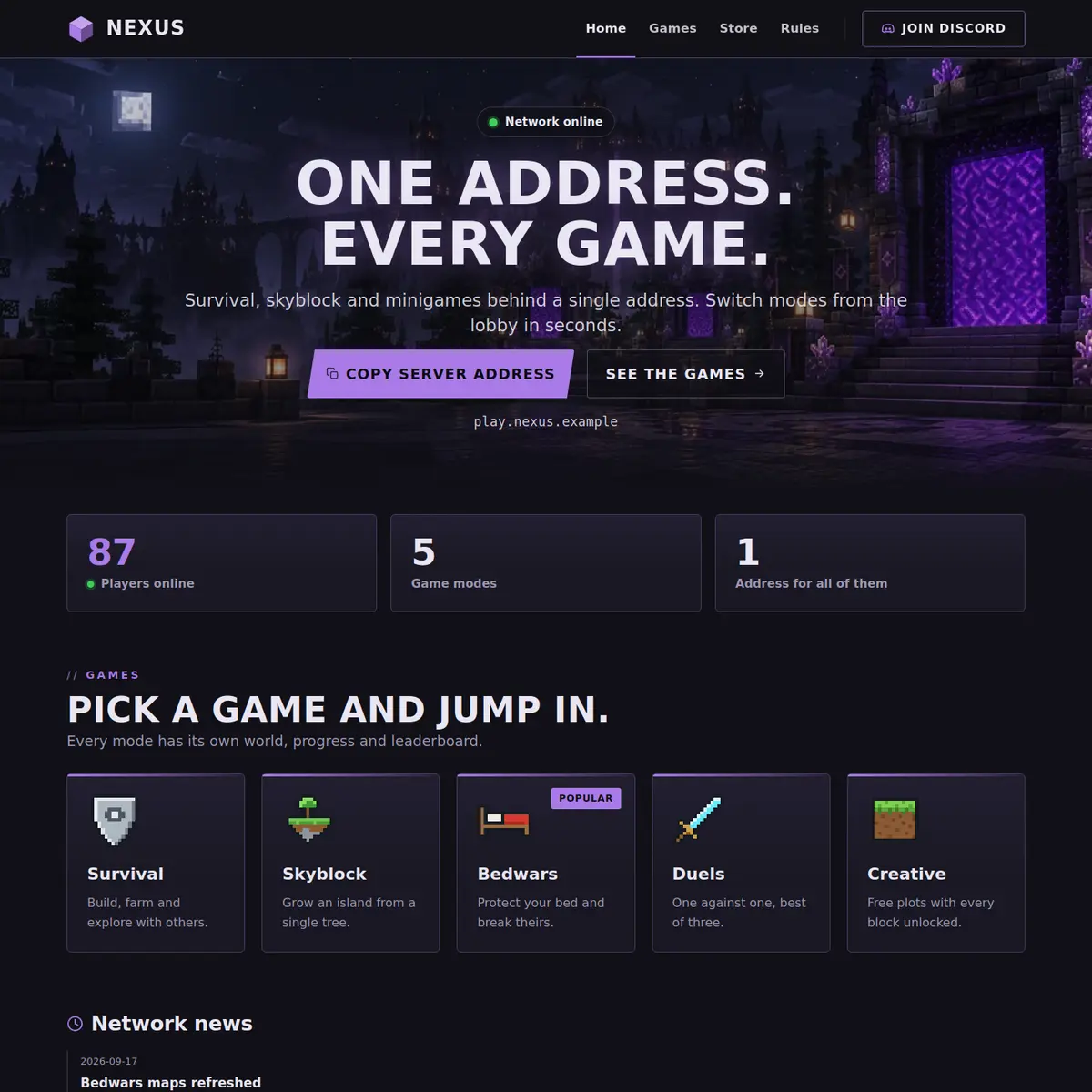 The top of the Network Minecraft server website template: a dark castle at night with a purple portal, the heading One address. Every game., buttons for Copy server address and See the games, and a strip with 87 players online, 5 game modes and 1 address