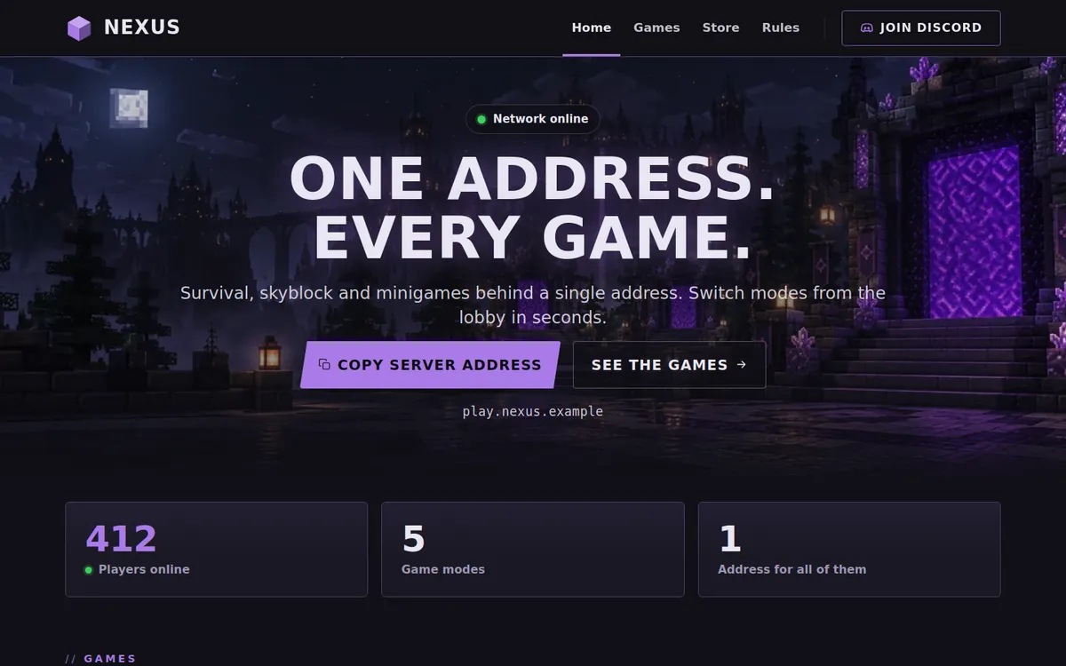 Template Network per il sito di un server Minecraft con un portale viola di notte, giocatori online, modalità di gioco e un solo indirizzo per ogni gioco