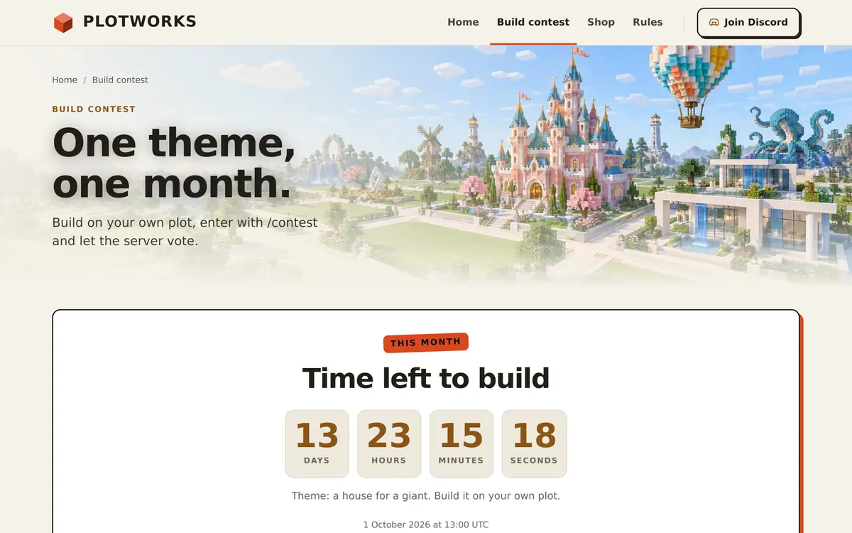 The Build contest page of the Creative template with the heading One theme, one month and a countdown titled Time left to build