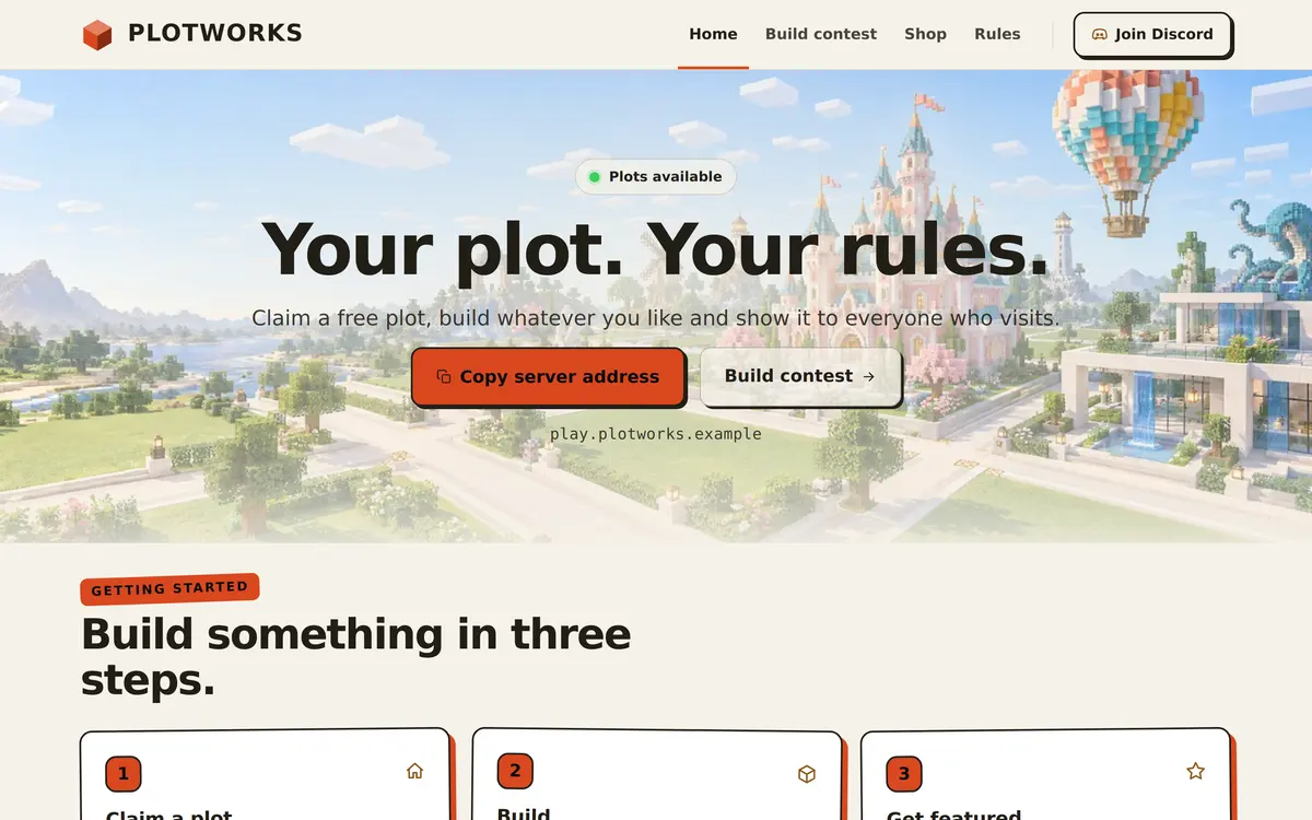 The Creative template home page with a light hero over a creative world, the heading Your plot. Your rules., and three steps: Claim a plot, Build and Get featured