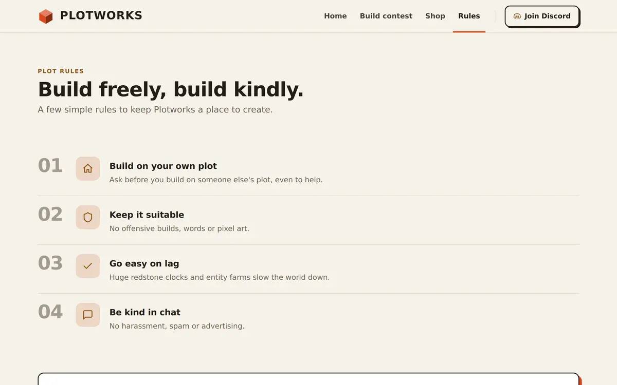 The Rules page of the Creative template with the heading Build freely, build kindly and four numbered plot rules starting with Build on your own plot
