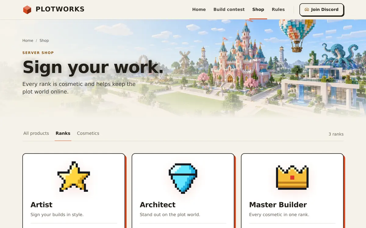 The Shop page of the Creative template with the heading Sign your work, tabs for All products, Ranks and Cosmetics, and rank cards named Artist, Architect and Master Builder