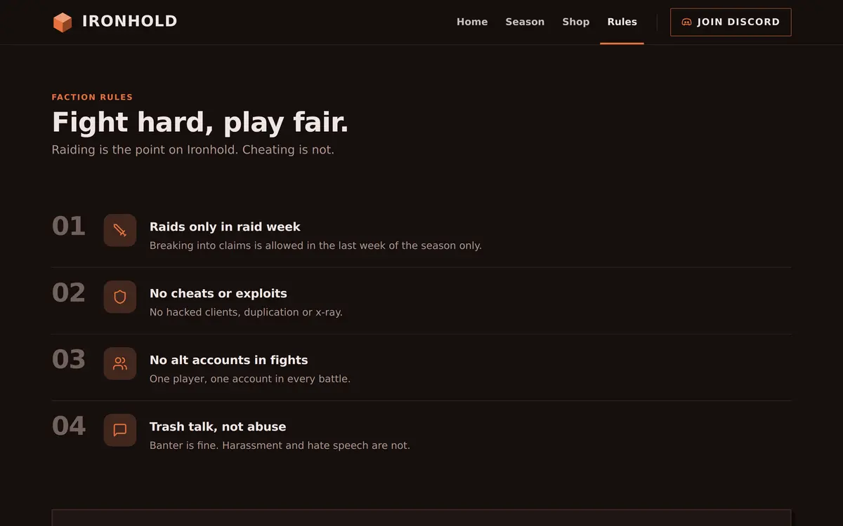 The Rules page of the Factions template with the heading Fight hard, play fair and four numbered rules starting with Raids only in raid week