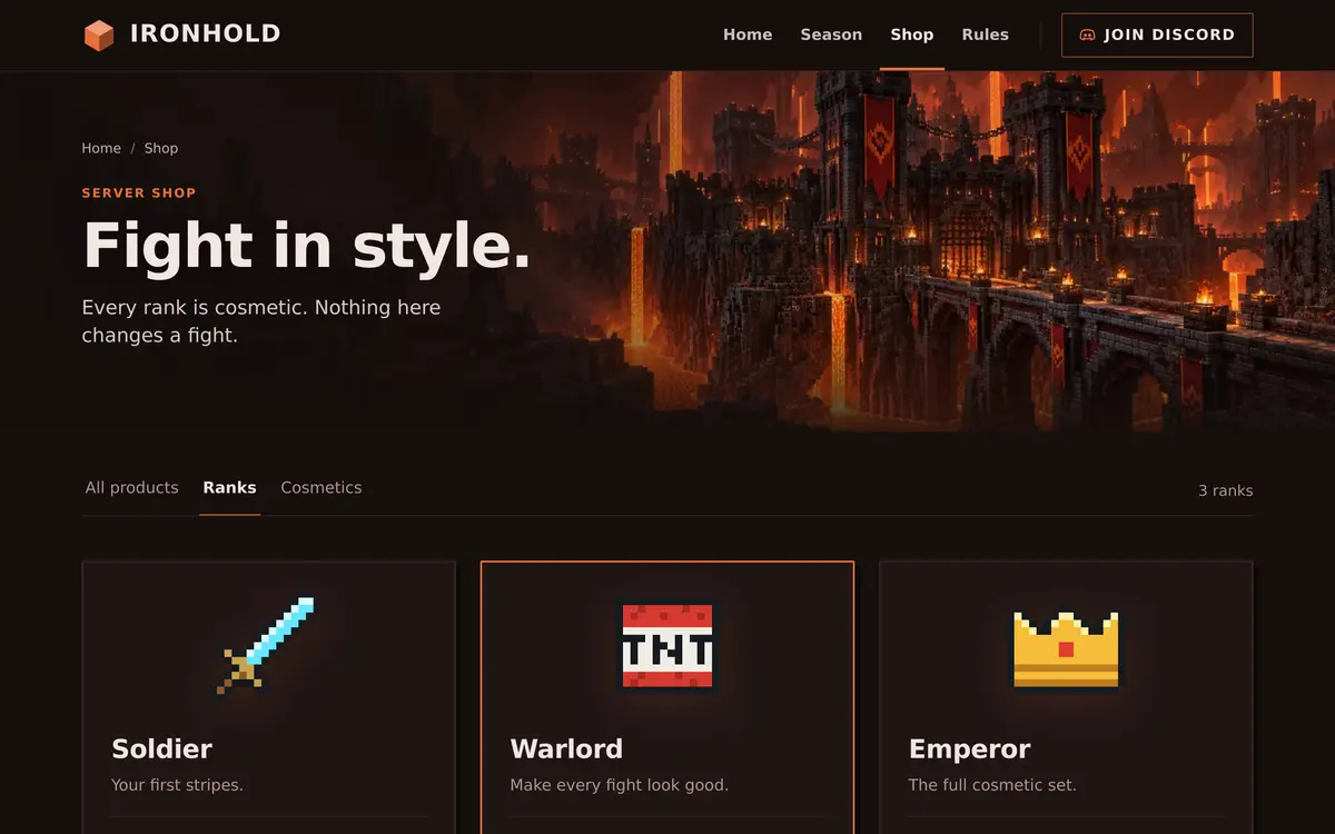 The Shop page of the Factions template with the heading Fight in style, tabs for All products, Ranks and Cosmetics, and rank cards named Soldier, Warlord and Emperor