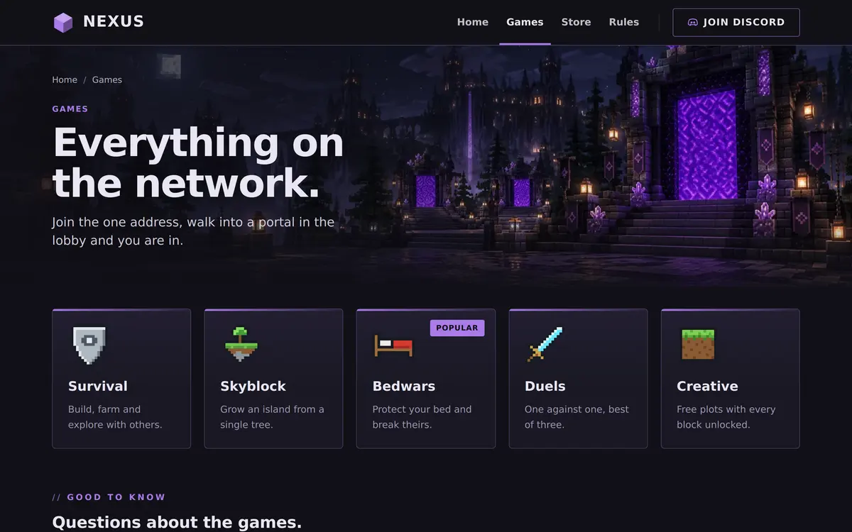 The Games page of the Network template with the heading Everything on the network and cards for Survival, Skyblock, Bedwars, Duels and Creative