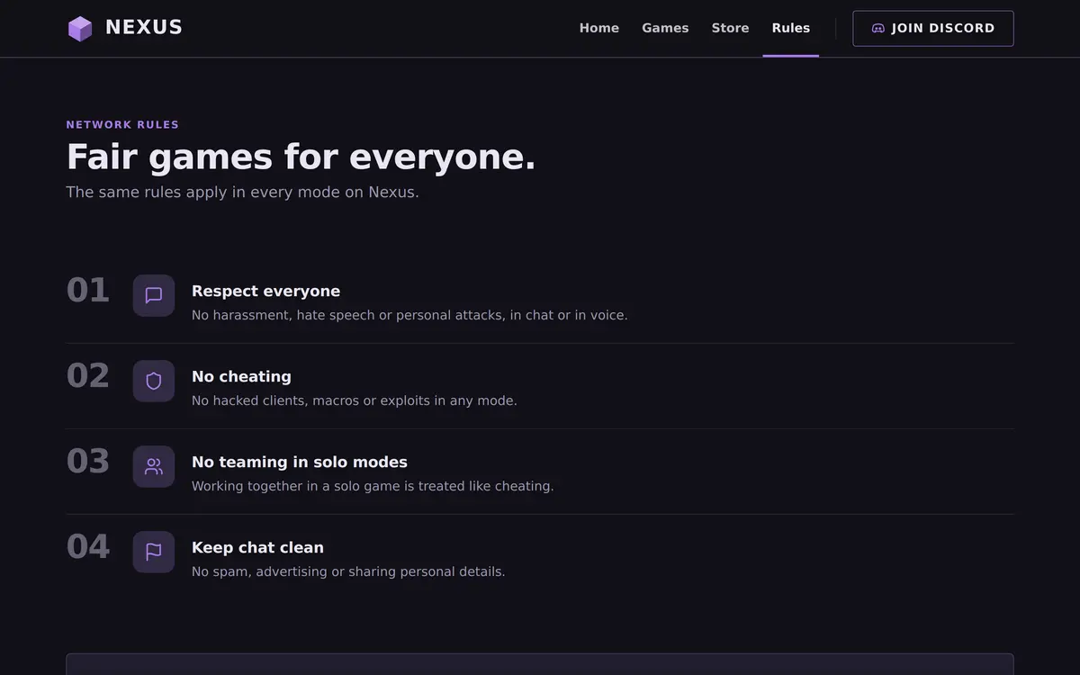 The Rules page of the Network template with the heading Fair games for everyone and four numbered rules including No teaming in solo modes