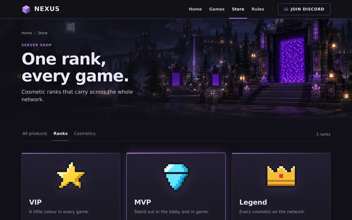 The Store page of the Network template with the heading One rank, every game and three rank cards named VIP, MVP and Legend