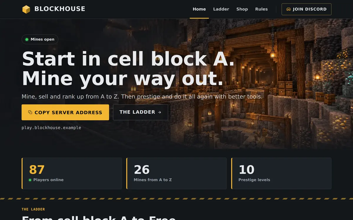 The Prison template home page with a mine shaft hero, the heading Start in cell block A. Mine your way out., and a numbers strip with players online, mines from A to Z and prestige levels
